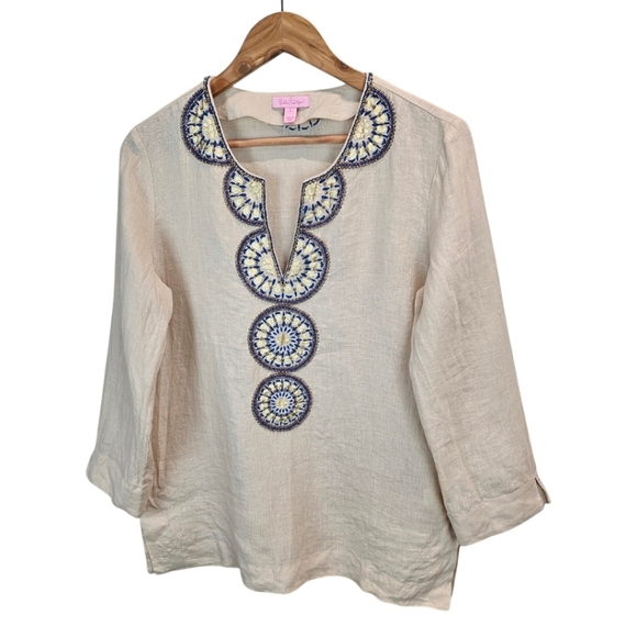 Lilly Pulitzer Linen Beaded Amelia Tunic Top Womens Sz Small Tan Oyster Shell - Picture 3 of 12